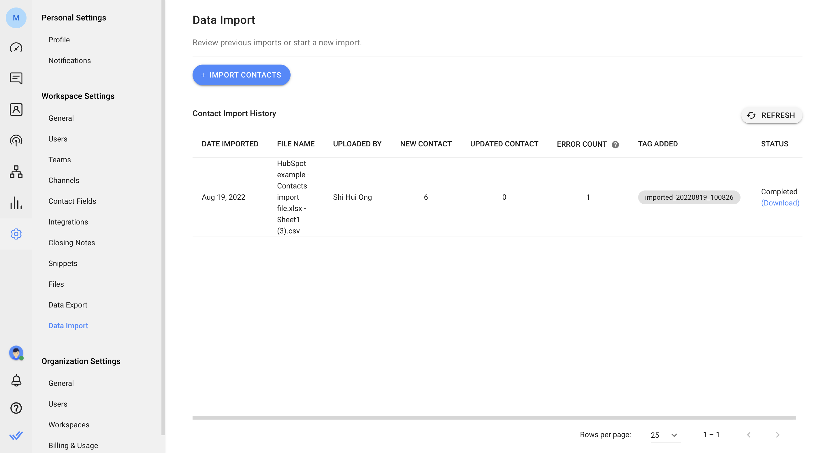 captura de pantalla de configuración de importación de datos en ajustes del área de trabajo