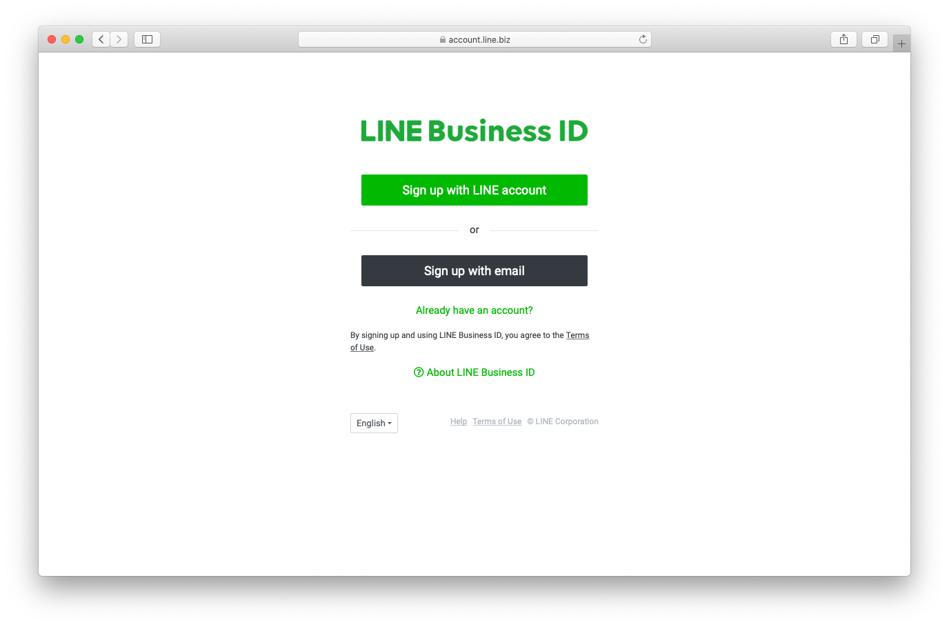 Página de registro de ID de LINE Business