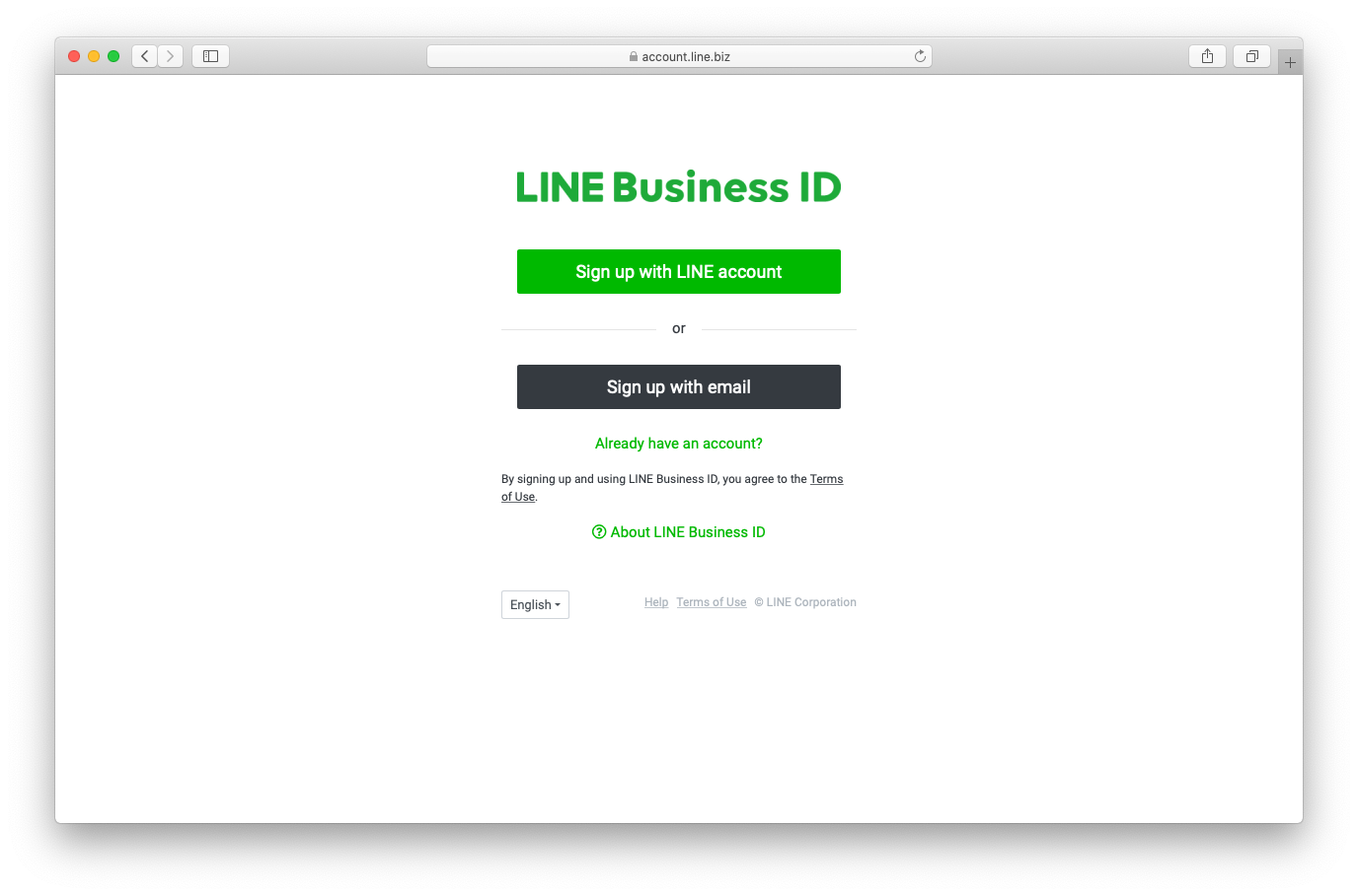 Página de registro de ID comercial de LINE