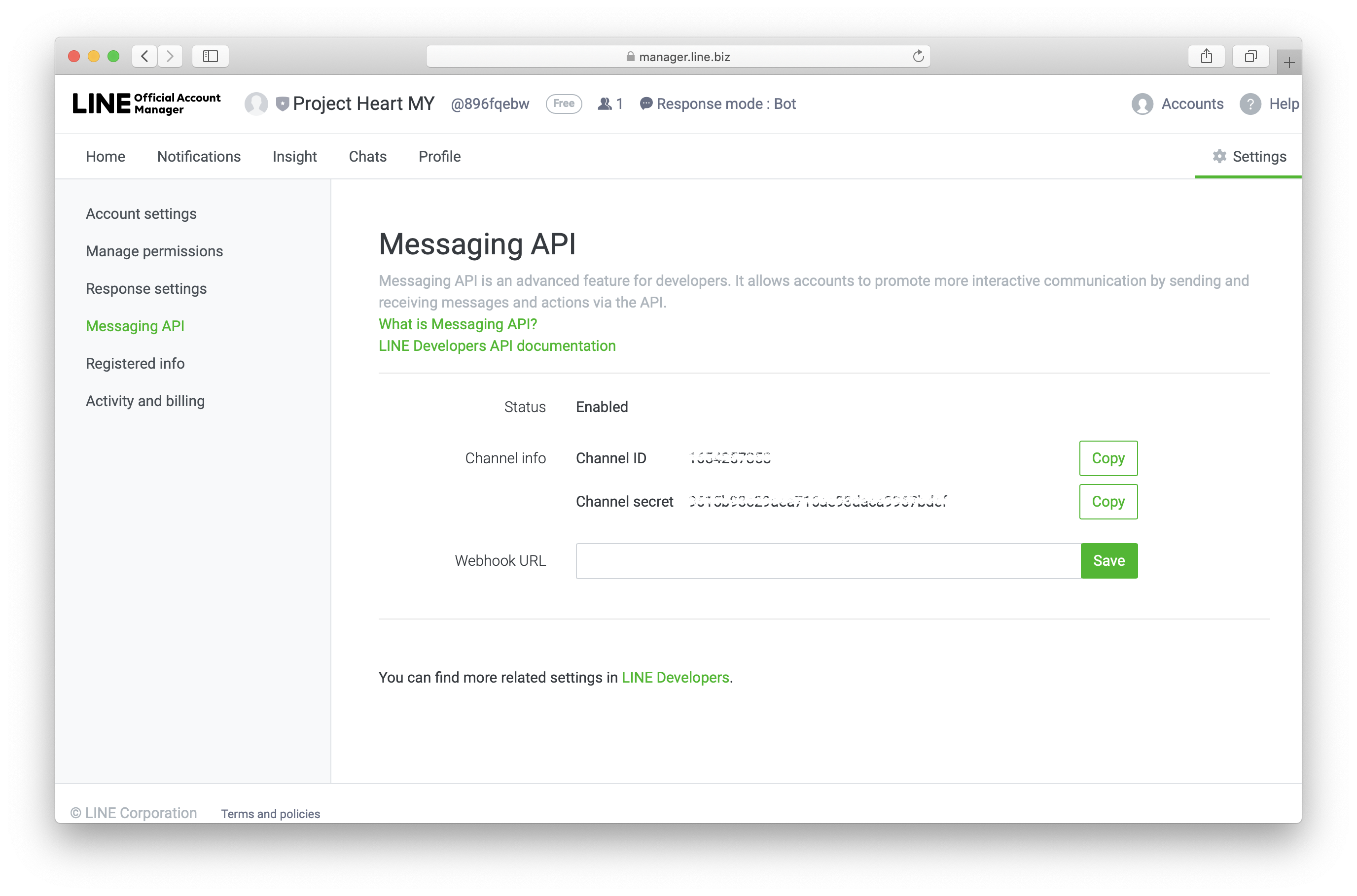 Página API de mensajería LINE