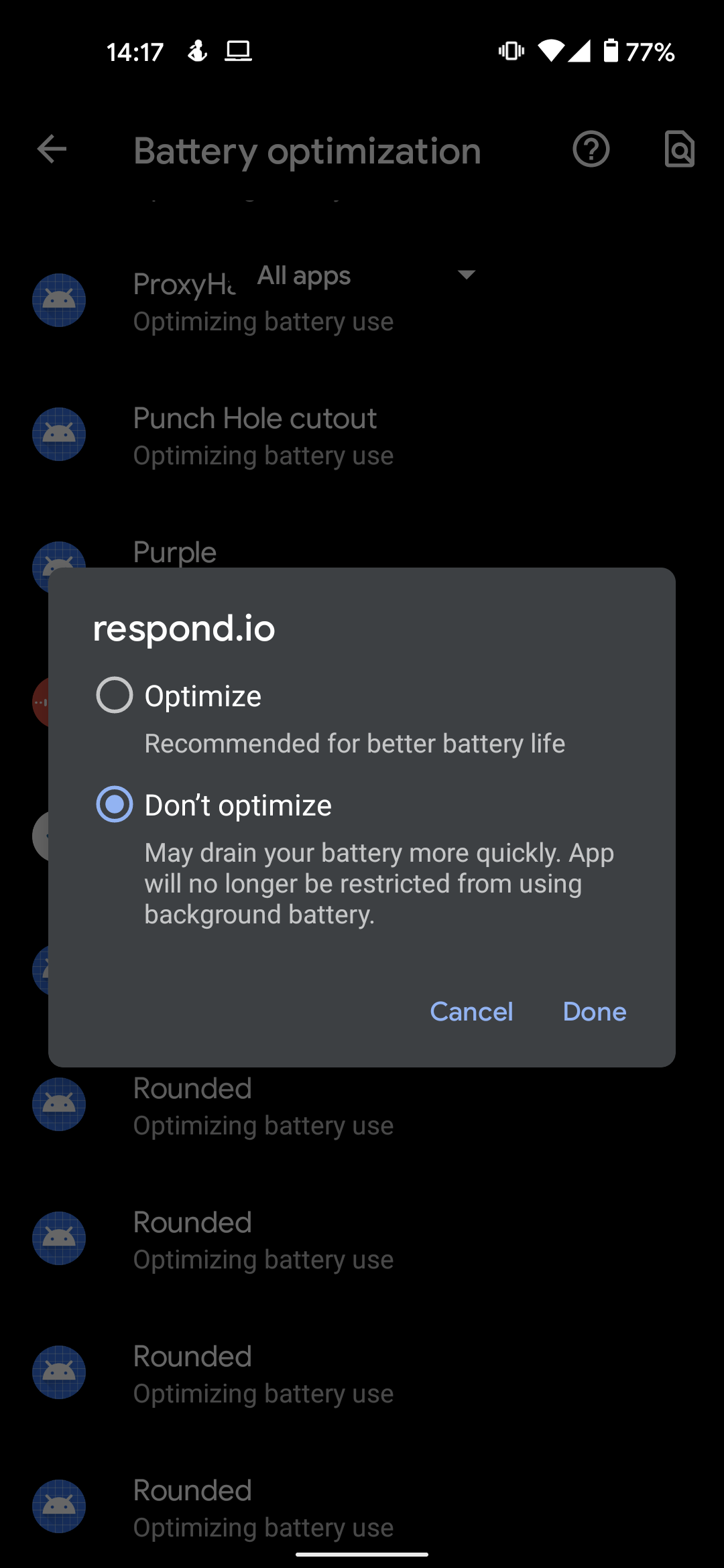 Solución de problemas - La optimización de la batería de Android está habilitada para respond.io App
