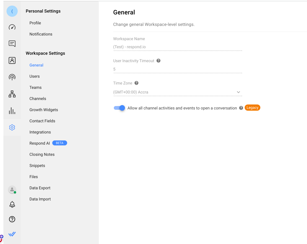 captura de pantalla de la configuración del espacio de trabajo general en respond.io