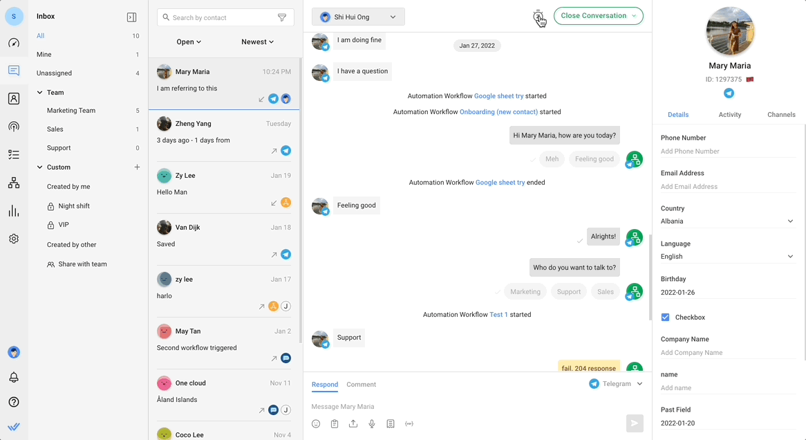 Respond.io Conversation Actions Snoozing a Contact