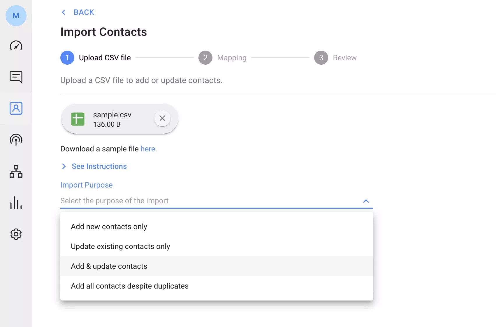 captura de pantalla mostrando cómo importar contactos a través de CSV