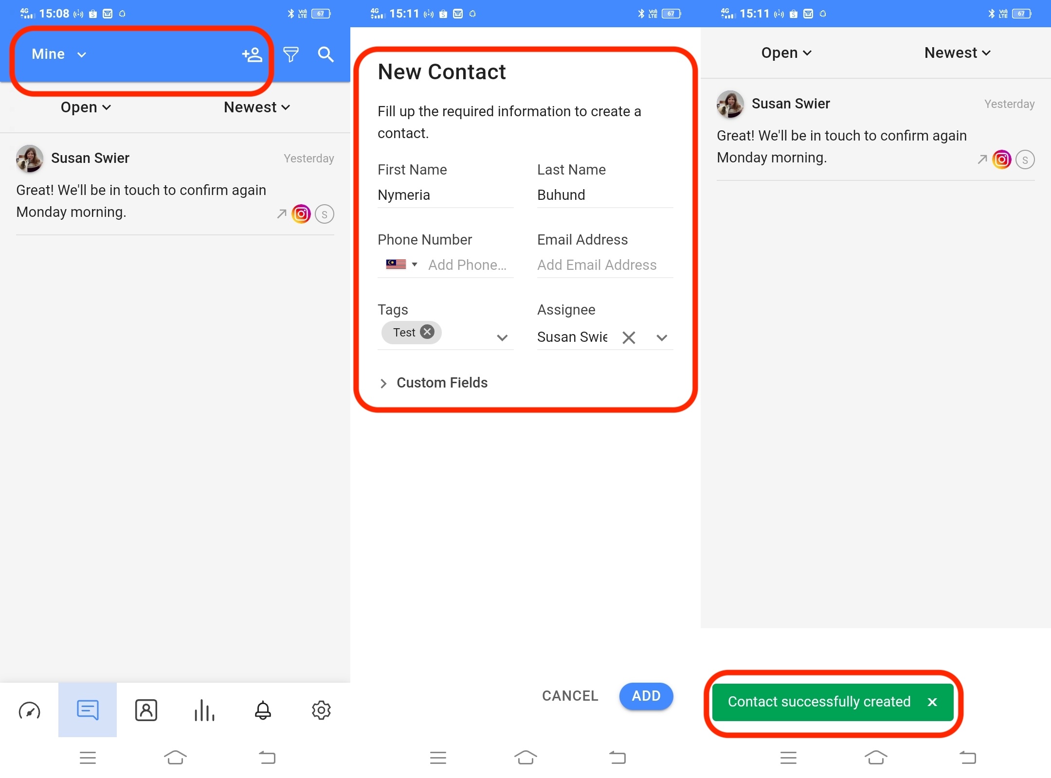 three mobile screenshots showing how to add a contact in the respond.io mobile app