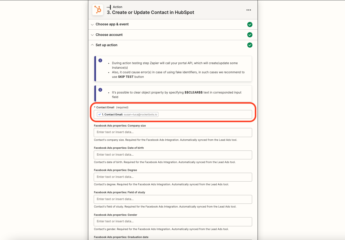 Configuración de la acción de HubSpot