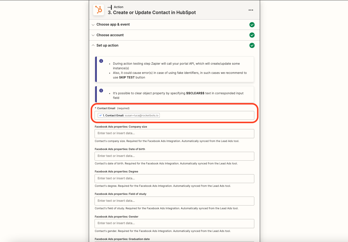 Hubspot create or update action