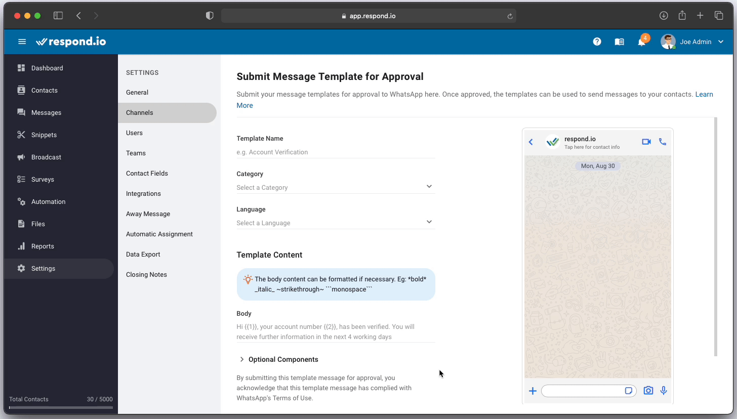 360dialog whatsapp Submitting Message Template on respond.io configuration gif