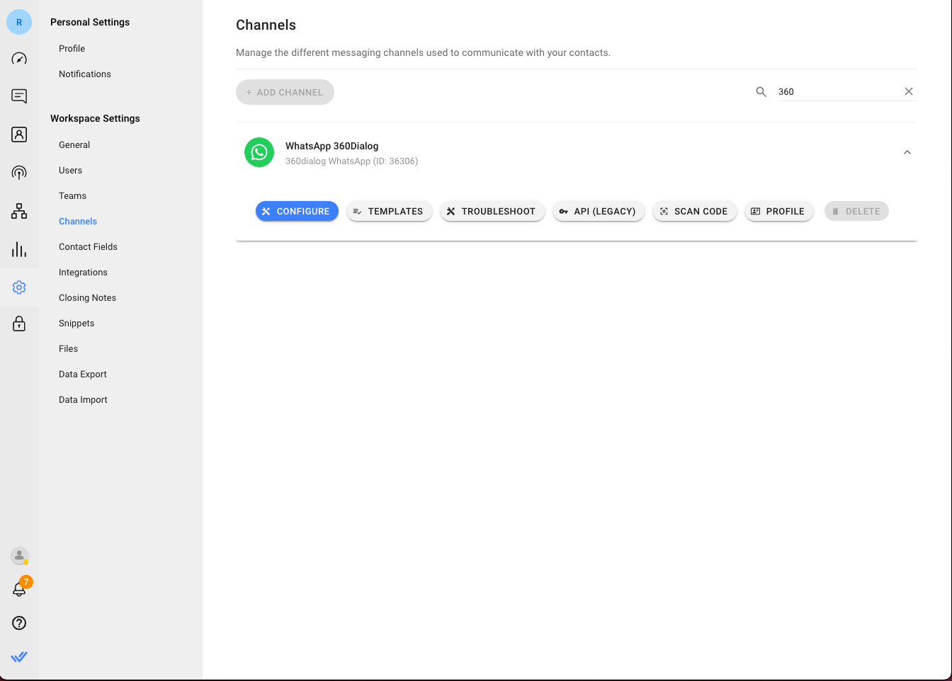 360dialog whatsapp respond.io Channel Configuration page