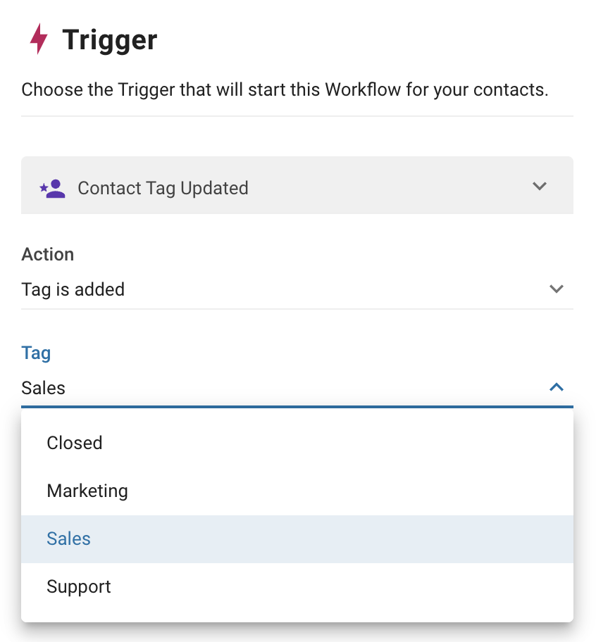screenshot showing the setup for contact tag updated trigger