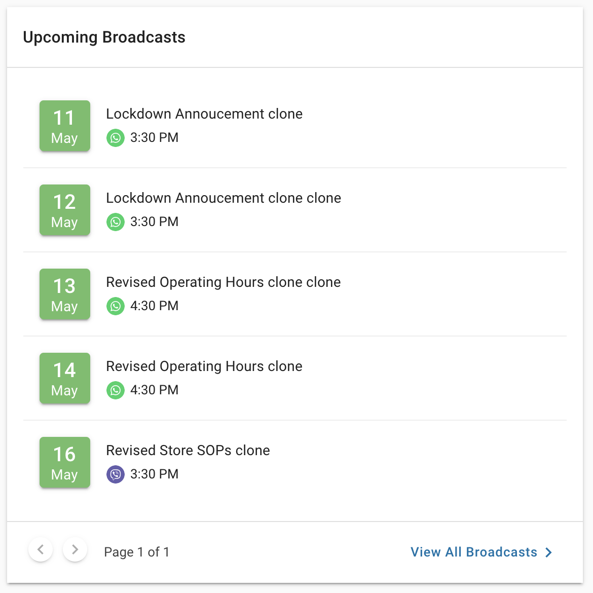 screenshot of upcoming broadcasts dashboard widget