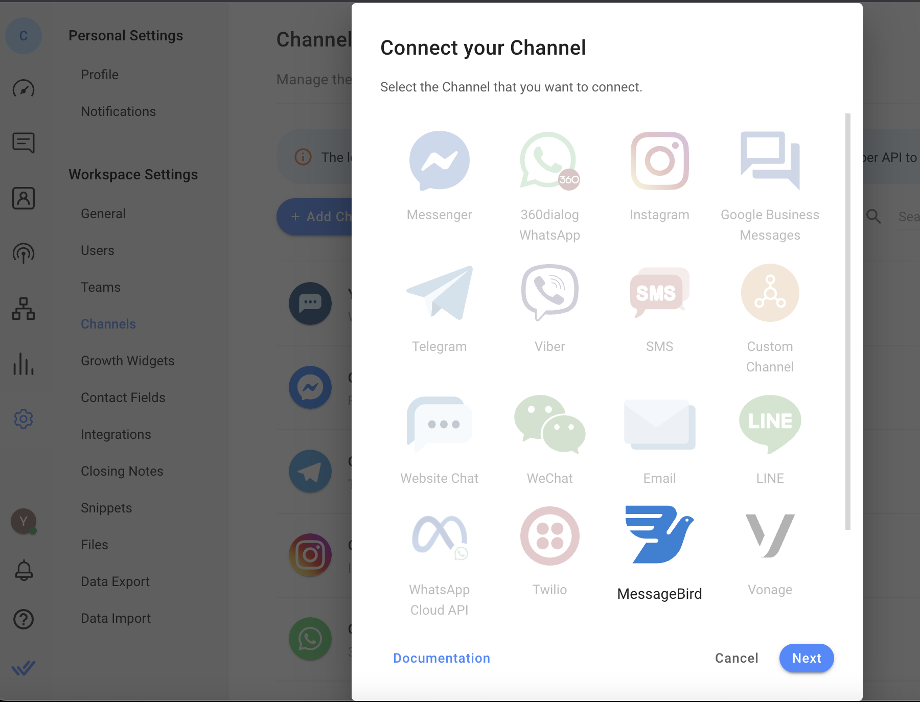 Connect your Channel dialog