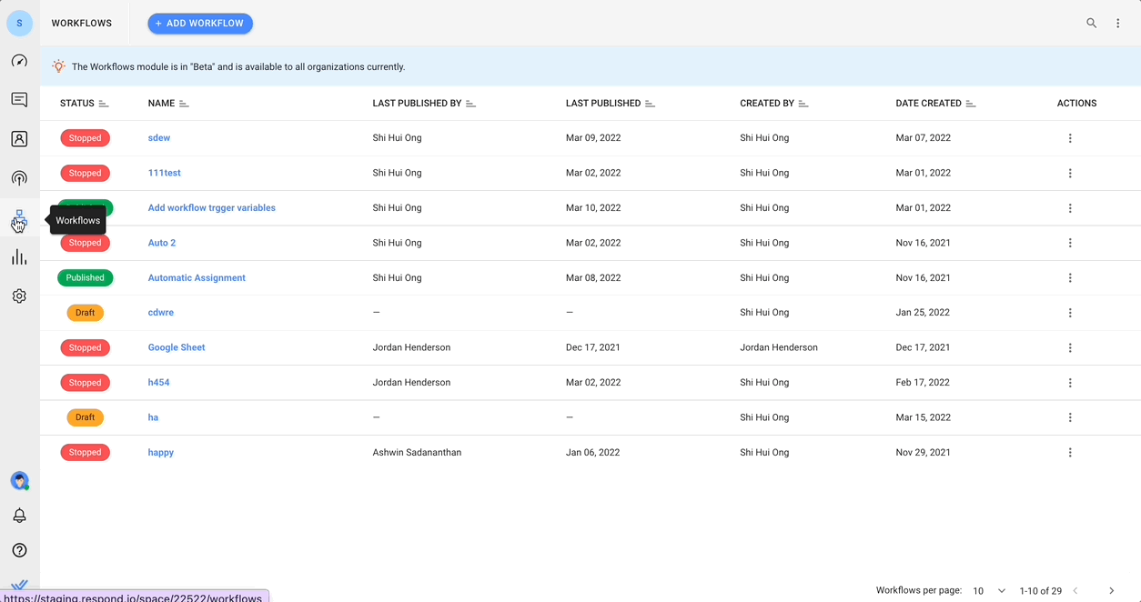 gif showing the main workflows page in respond.io