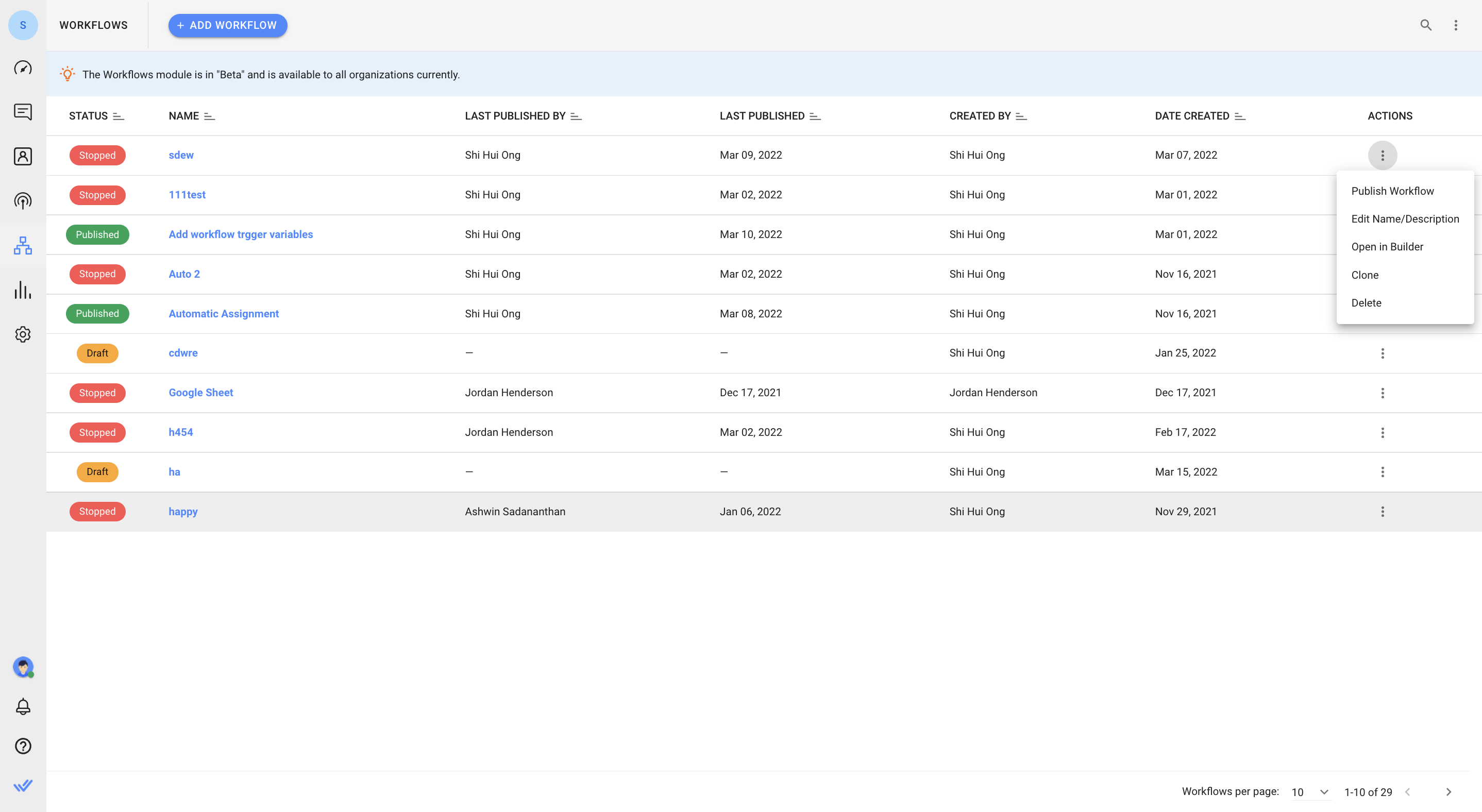 captura de pantalla de la página de lista de módulos de flujos de trabajo