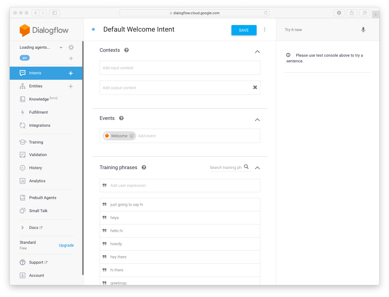 screenshot showing dialogflow default welcome intent