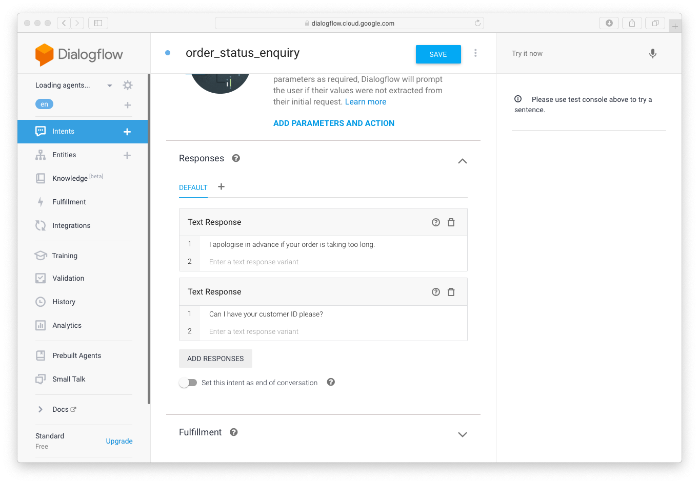 screenshot of dialogflow settings for adding intent responses