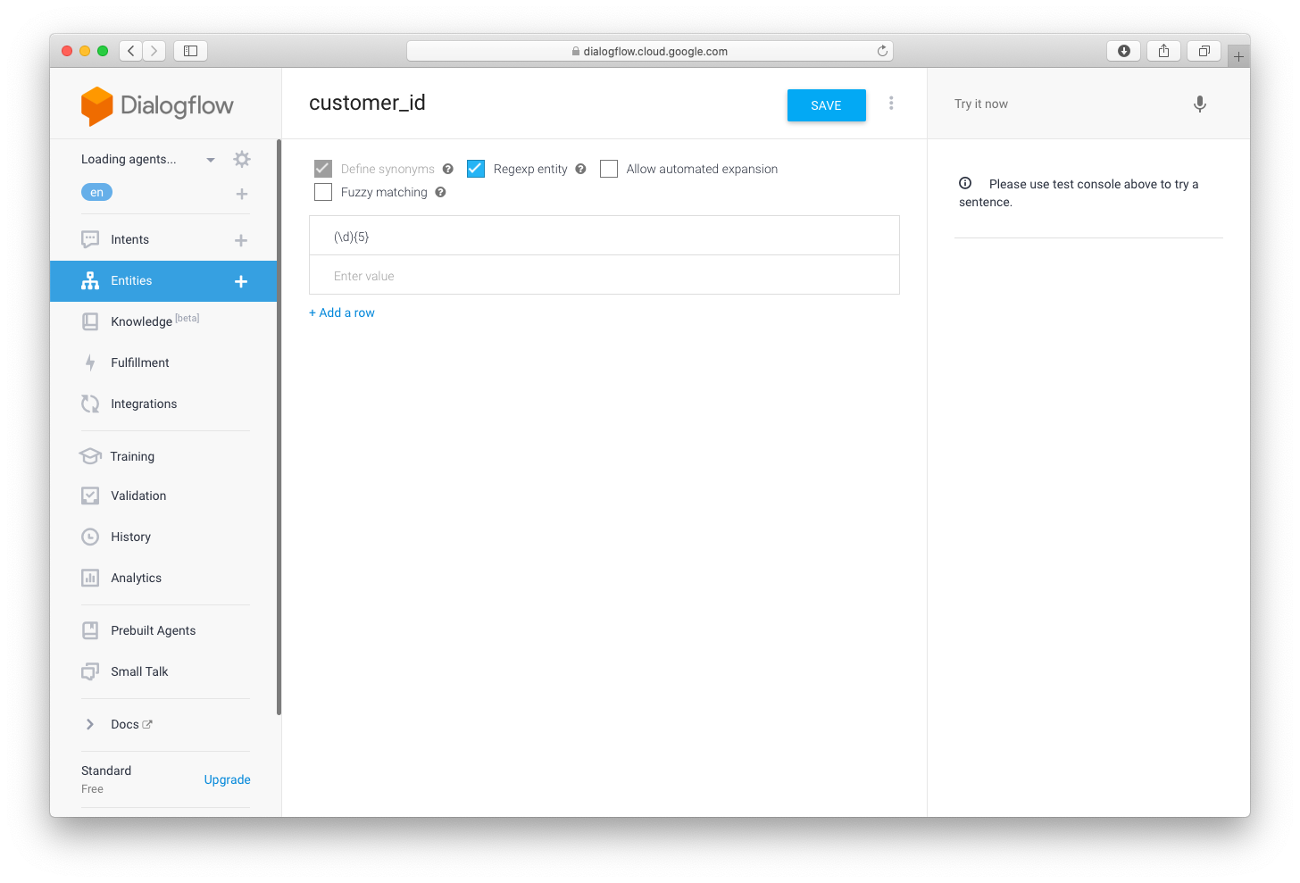 screenshot showing how to add customer id as an entity in dialogflow