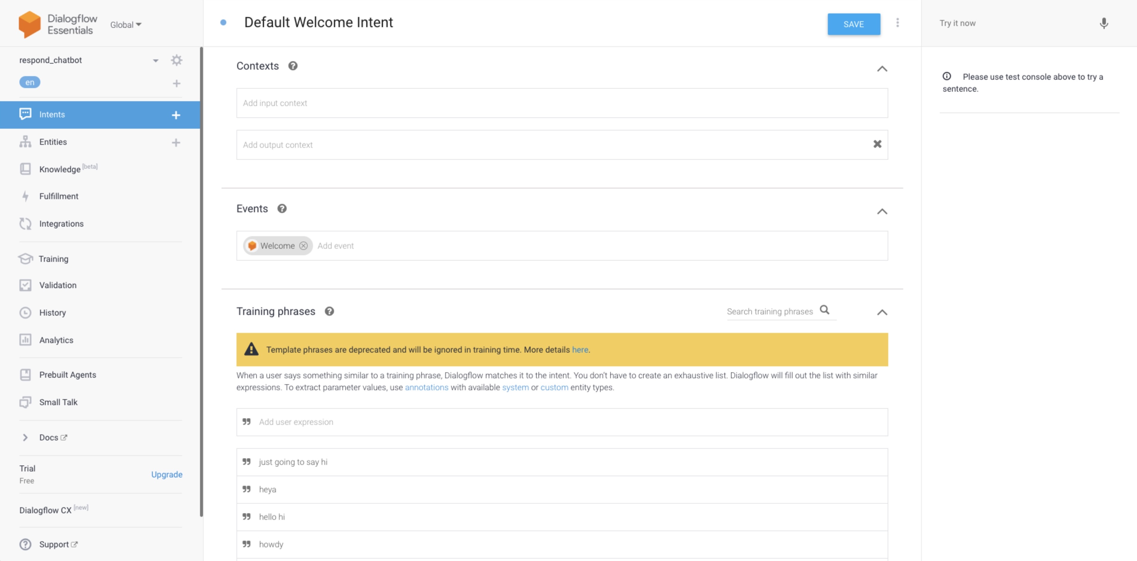 screenshot showing dialogflow default welcome intent