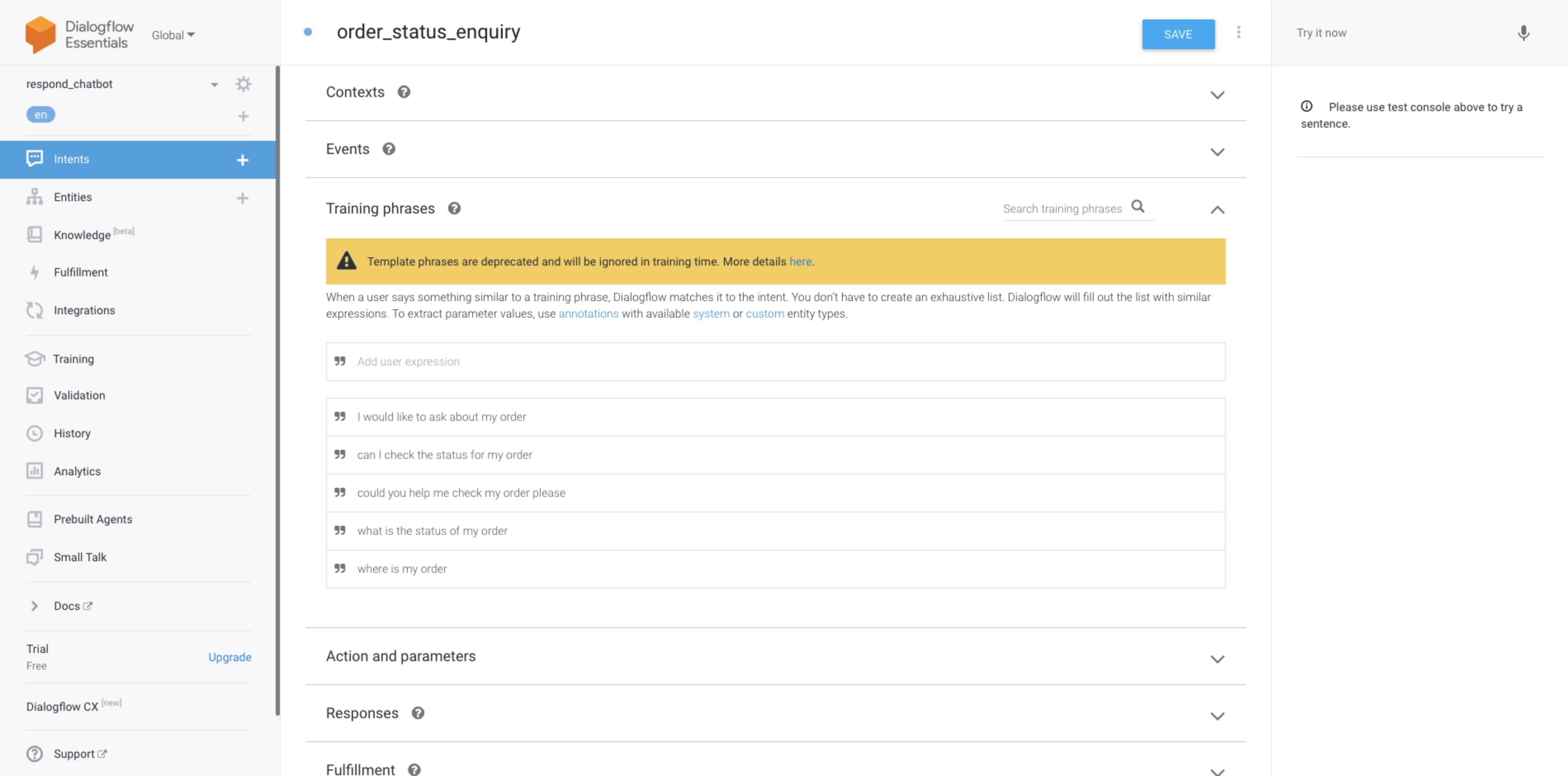 screenshot of adding intent training phrases in dialogflow