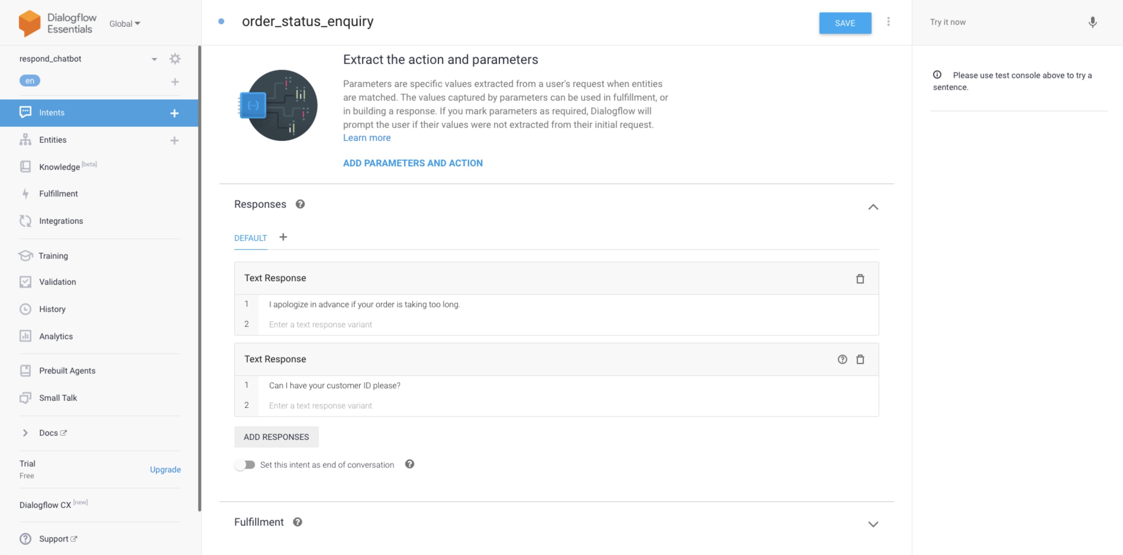 screenshot of dialogflow settings for adding intent responses