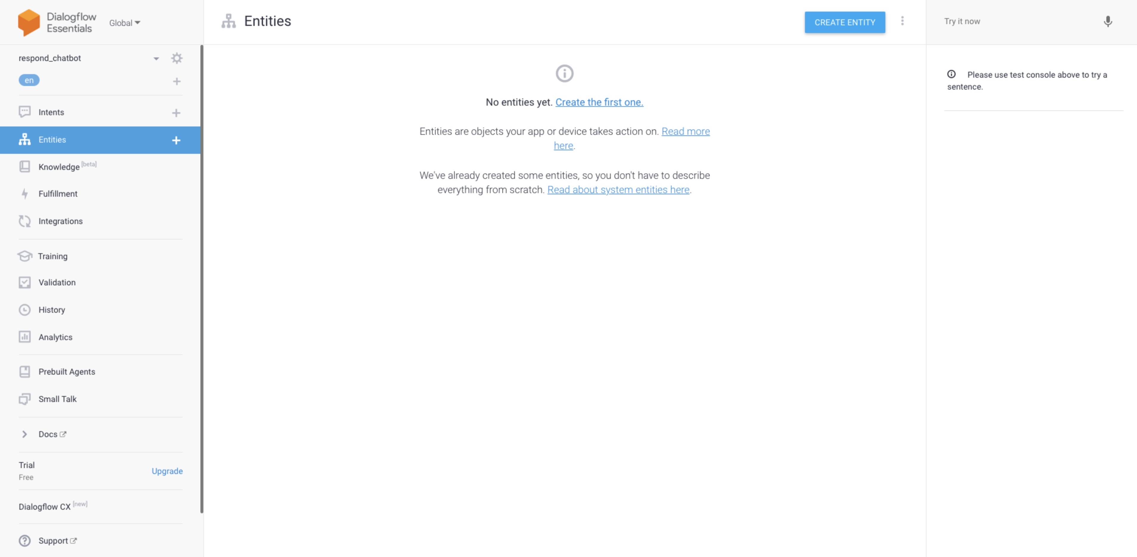screenshot showing how to create a dialogflow entity