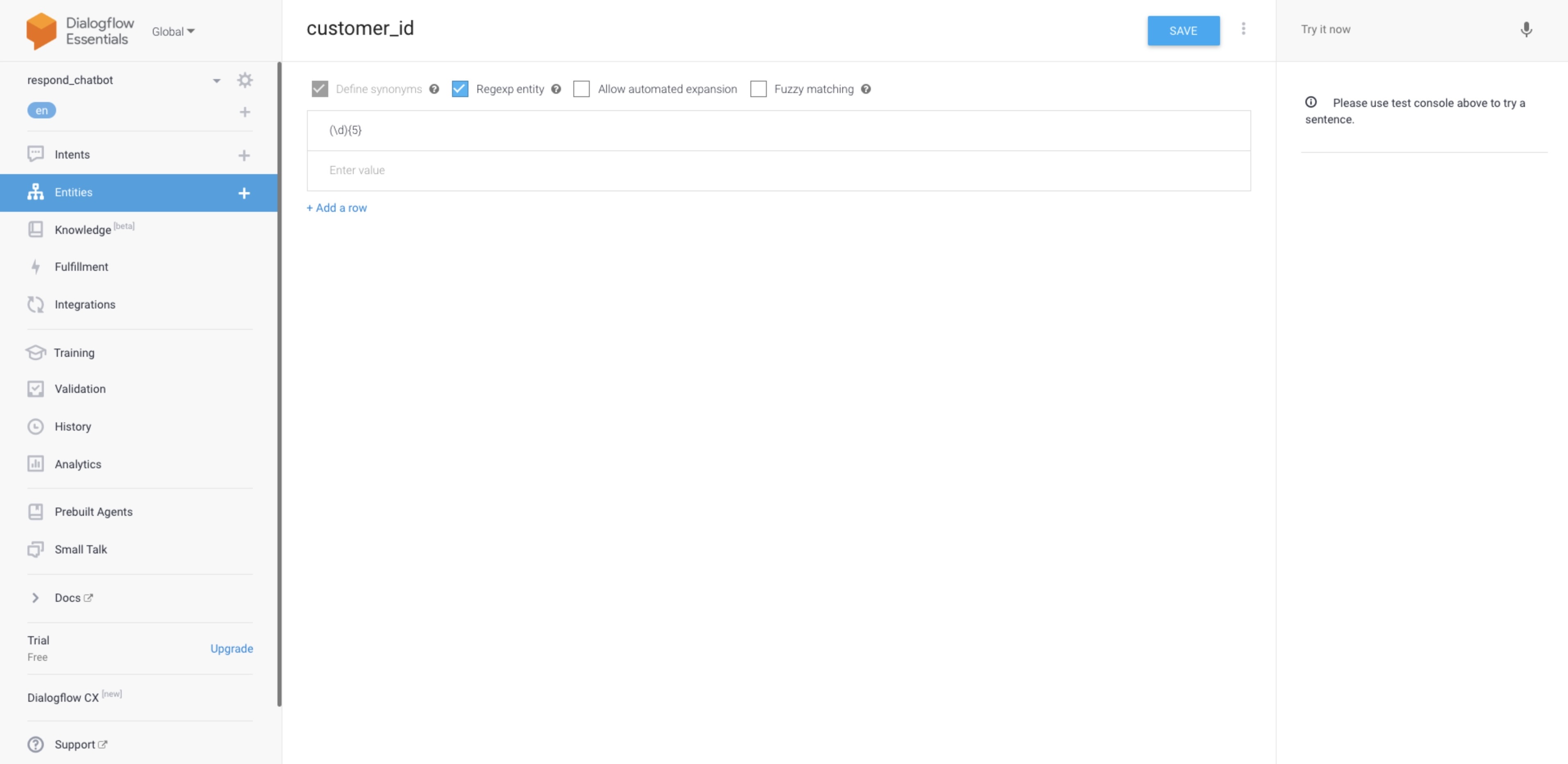 screenshot showing how to add customer id as an entity in dialogflow