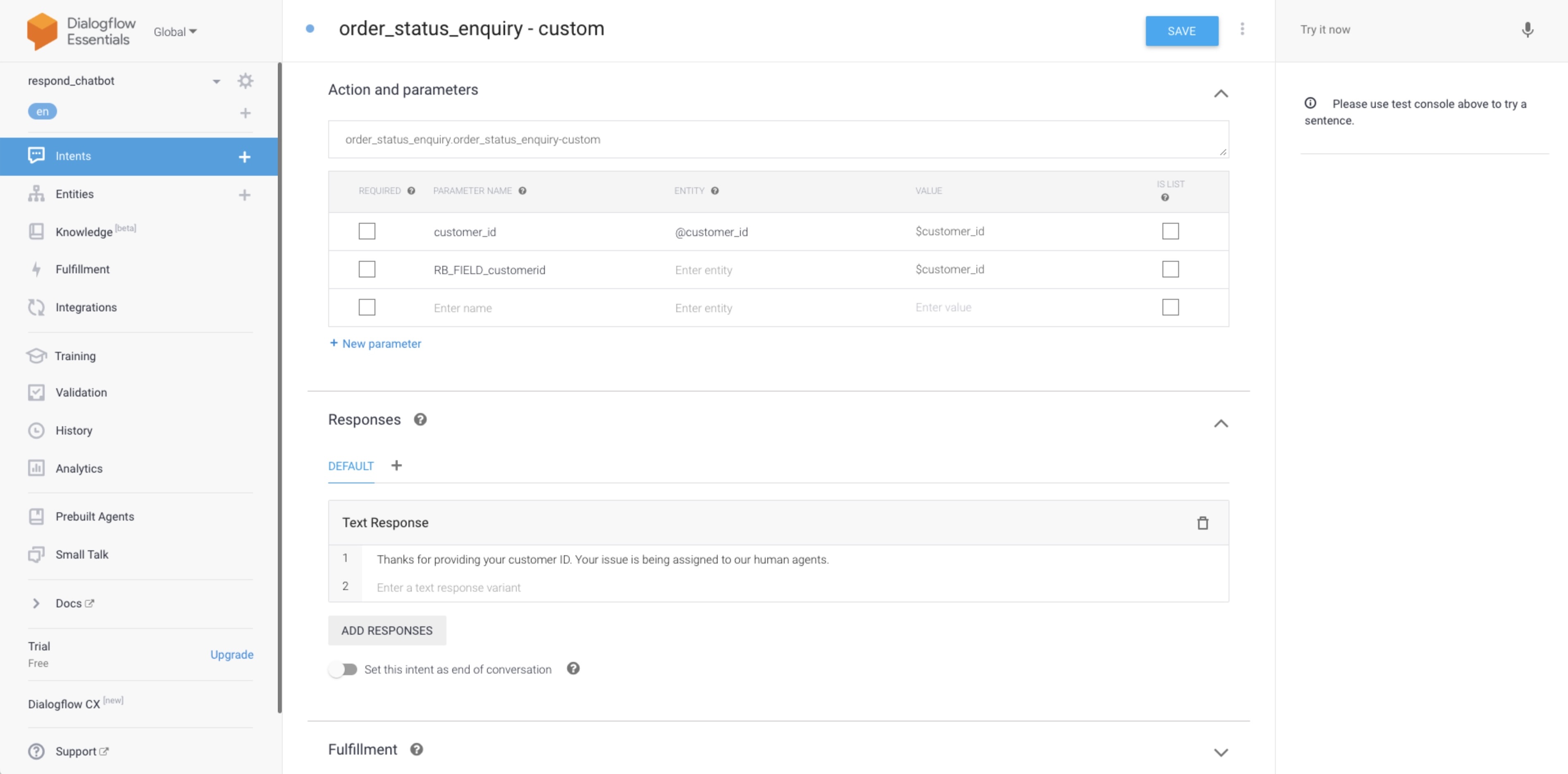 screenshot showing how to save a custom field in dialogflow