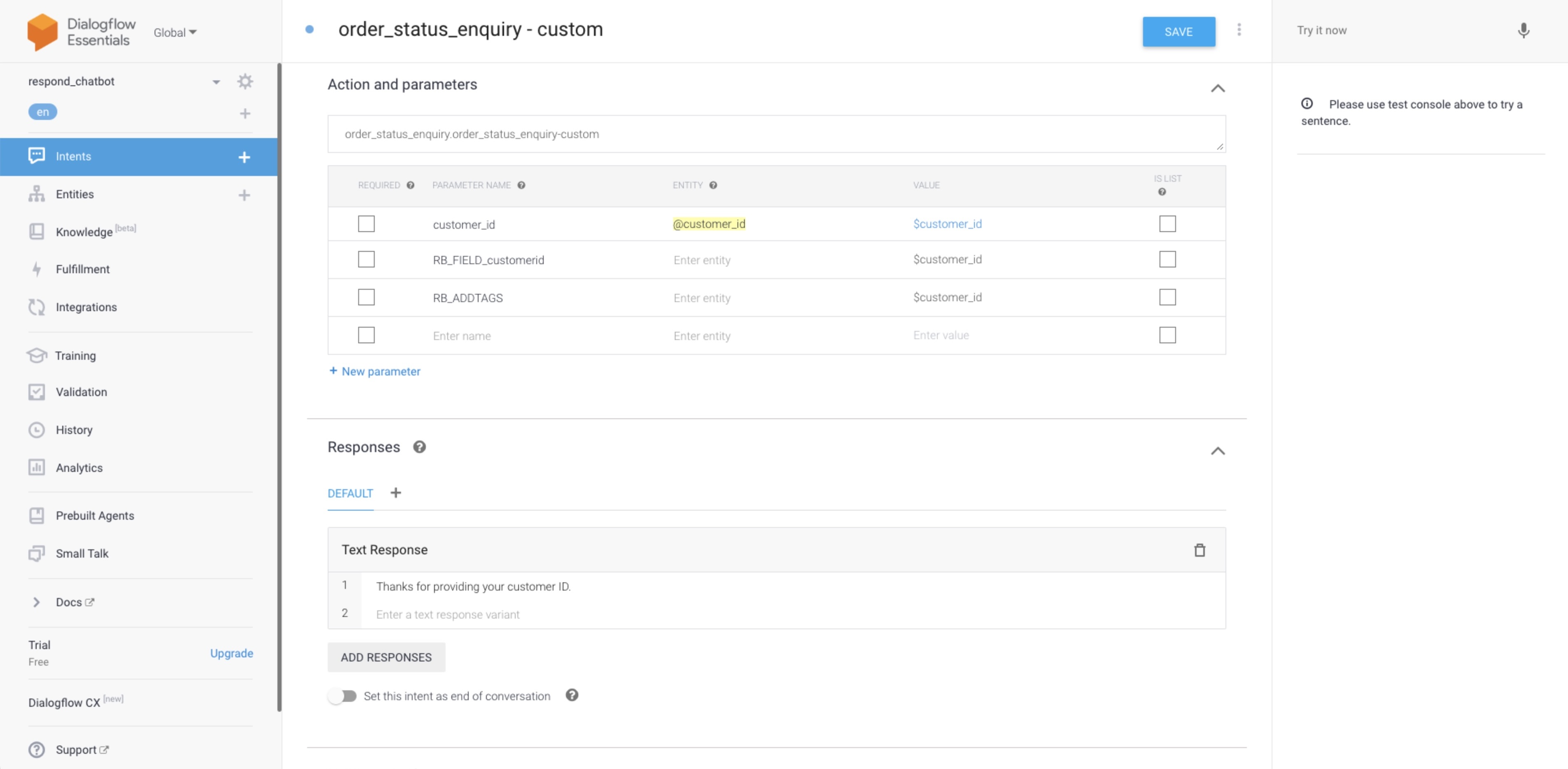 screenshot showing how to add tags in dialogflow