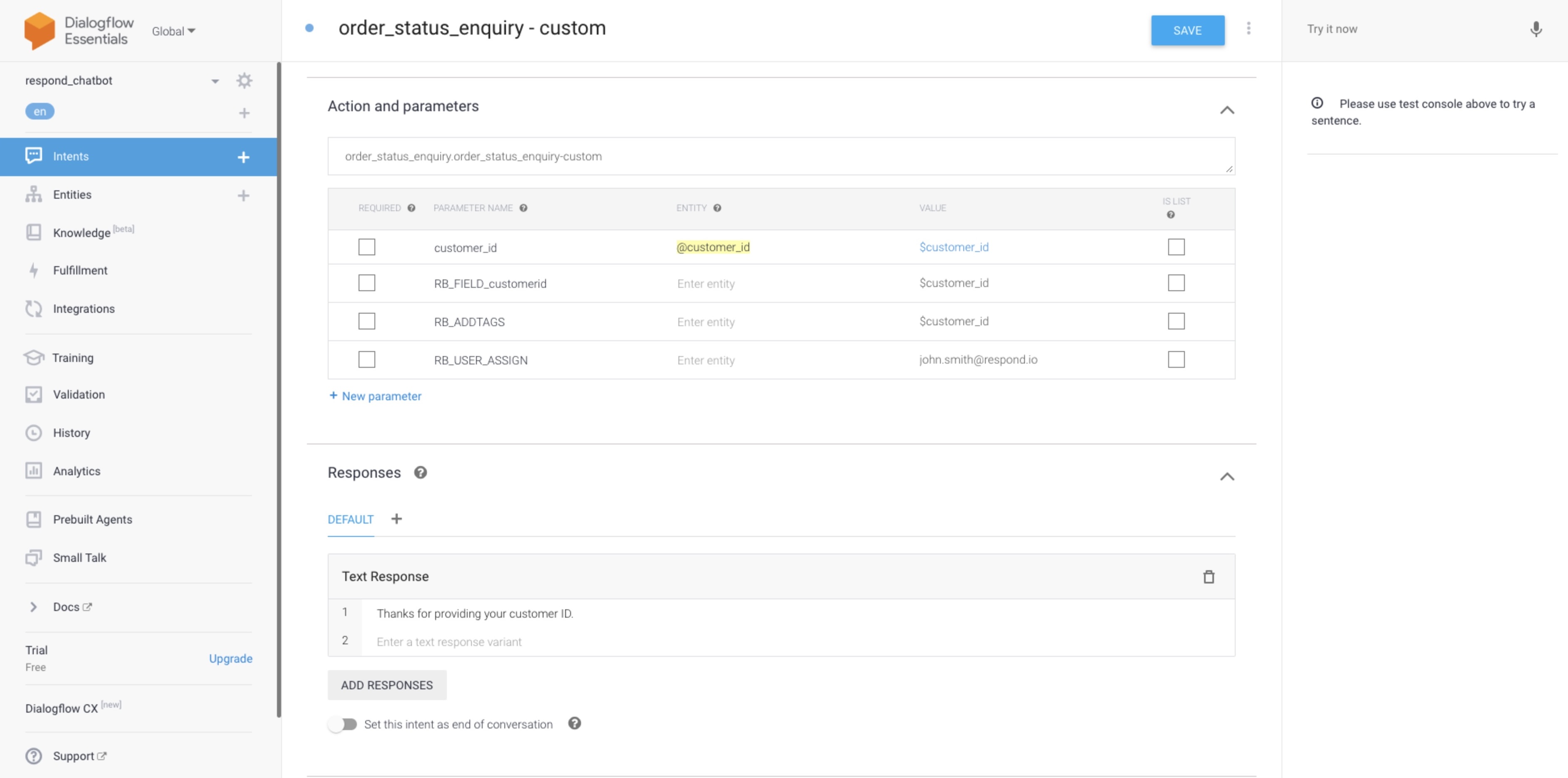 screenshot of how to add a parameter to assign to a user in dialogflow