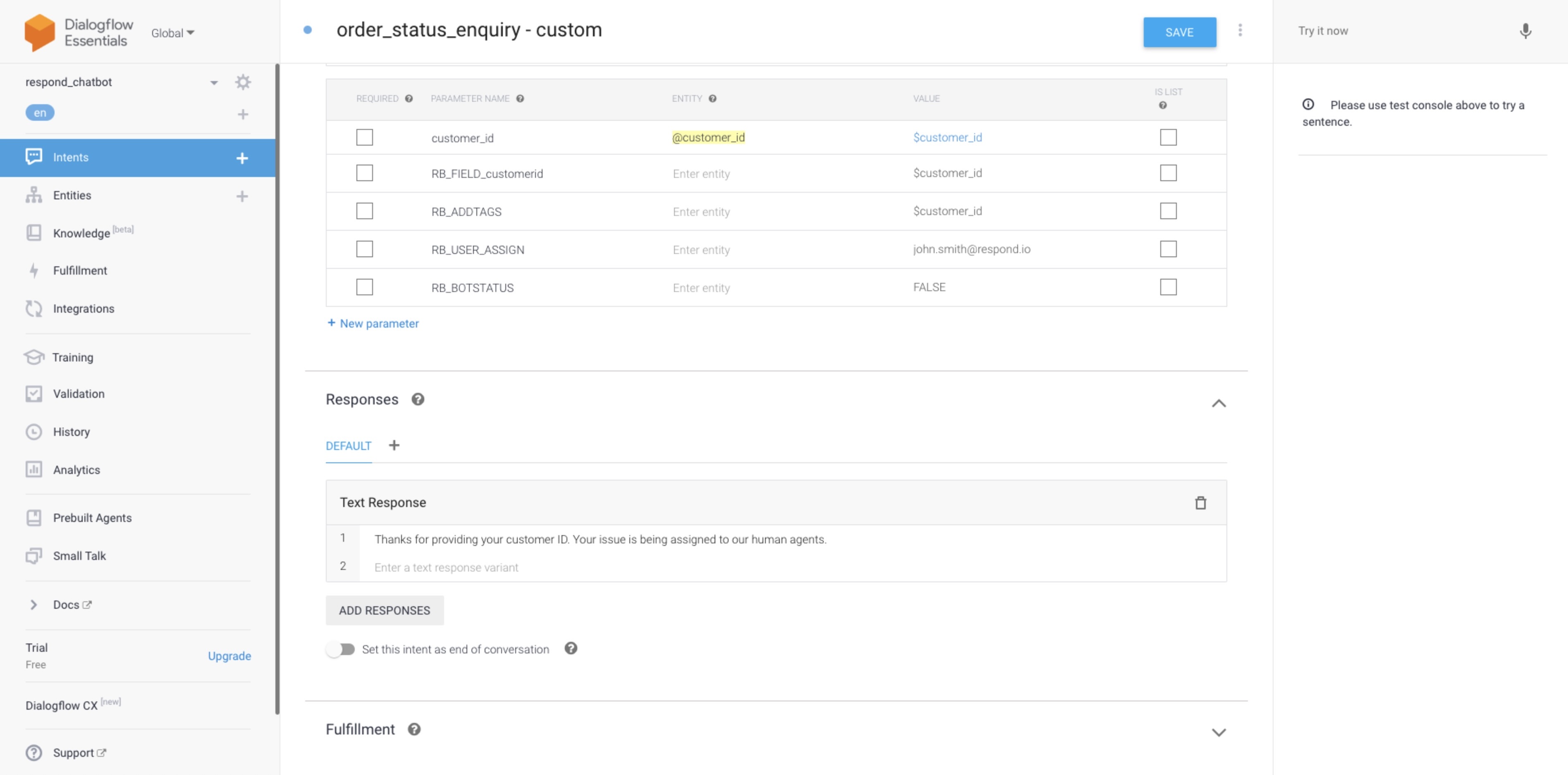 screenshot of how to disable a dialogflow bot after the conversation is handed off