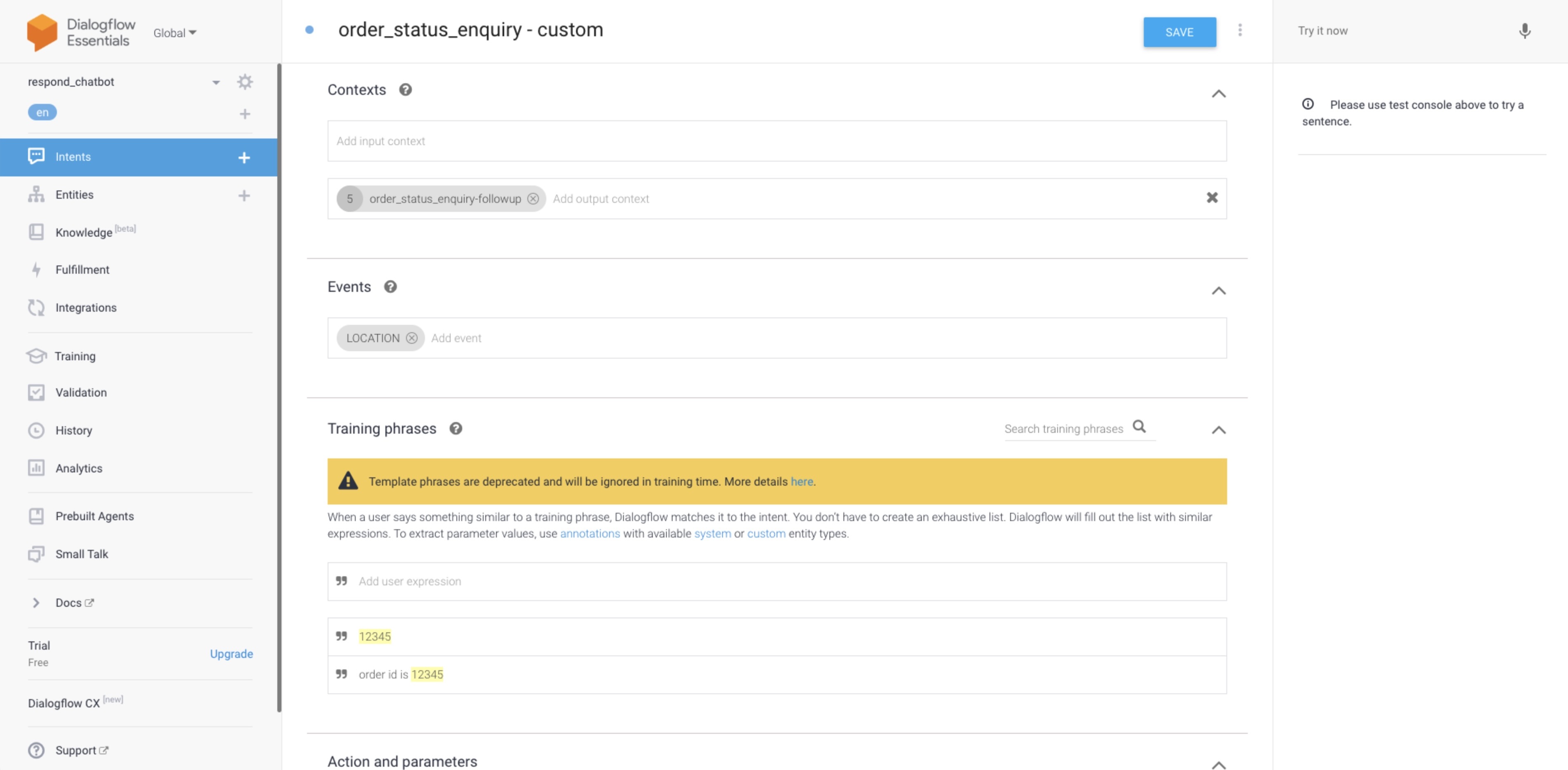 screenshot of adding location to dialogflow intent