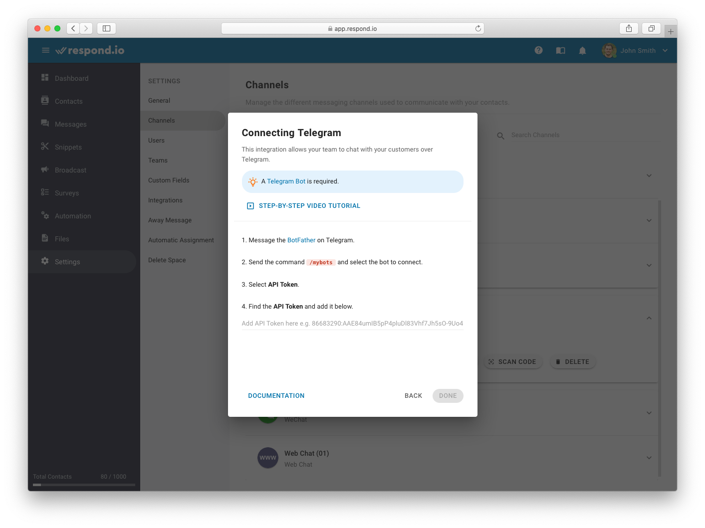 ربط Telegram بالرد على مربع الحوار.io