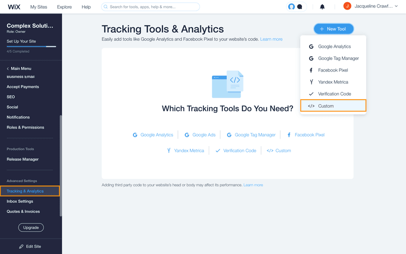 Wix tracking & analytics page