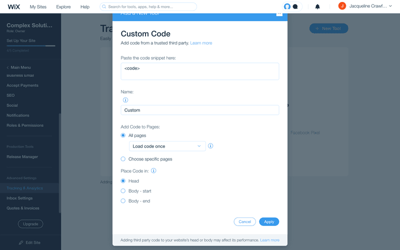 Wix custom code dialog