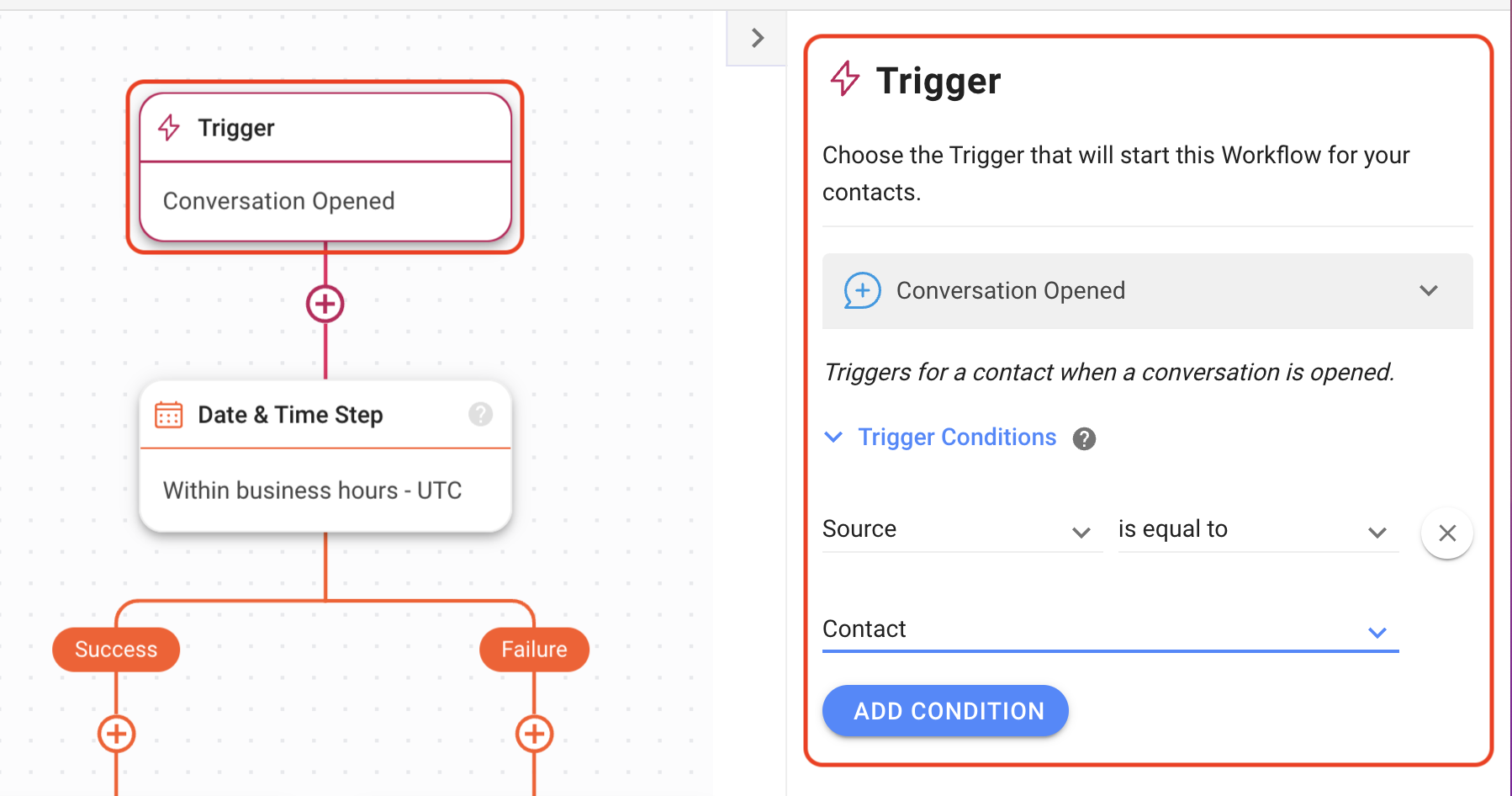 screenshot of the trigger step of a welcome and away message workflow