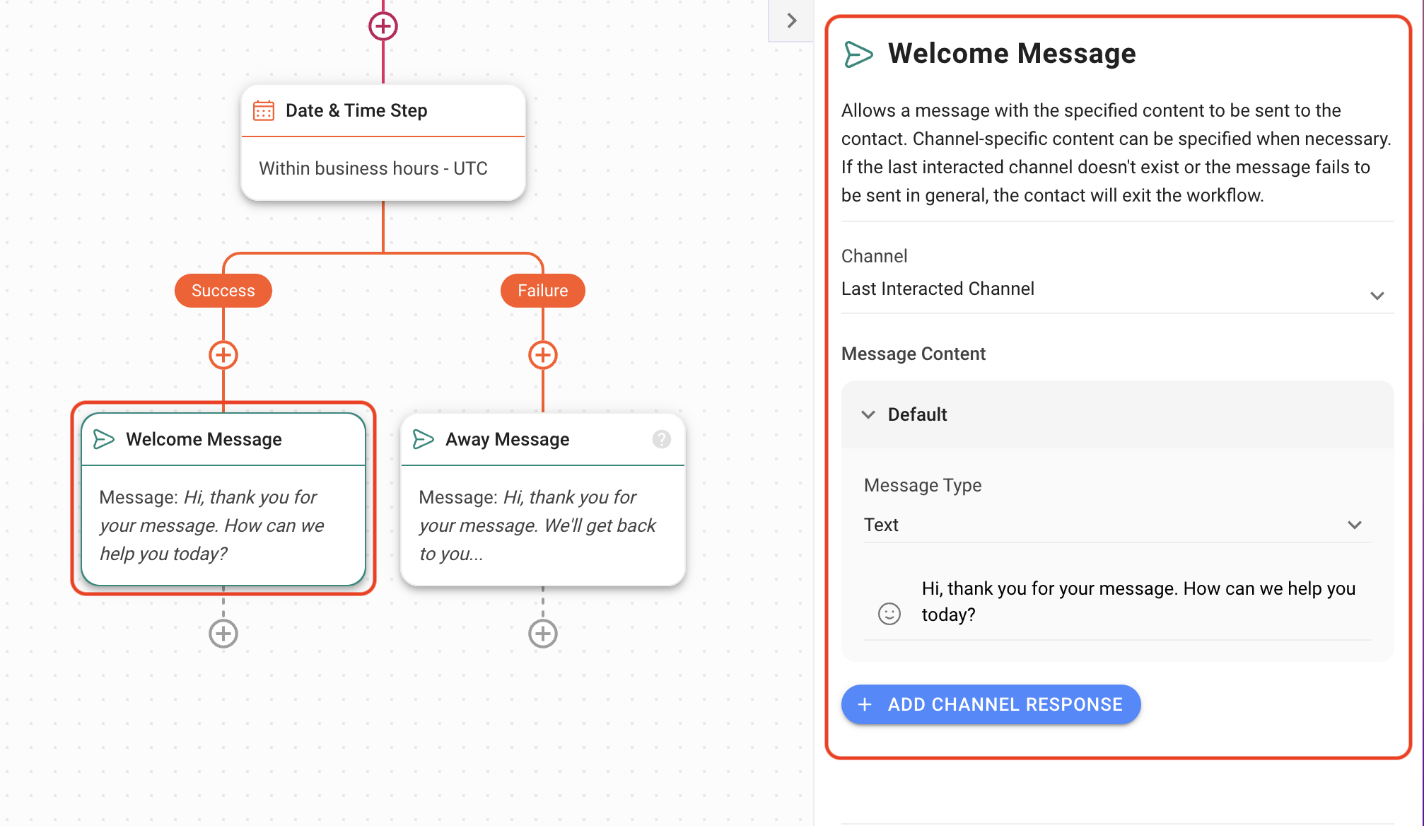 screenshot of workflow to send a welcome message during business hours