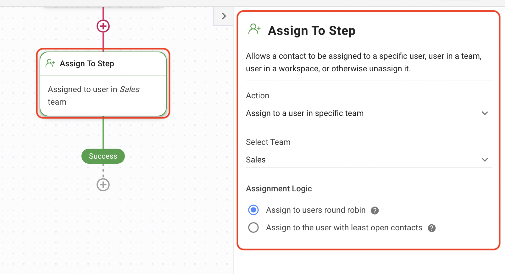 screenshot of how to use the assign to step to assign users round robin