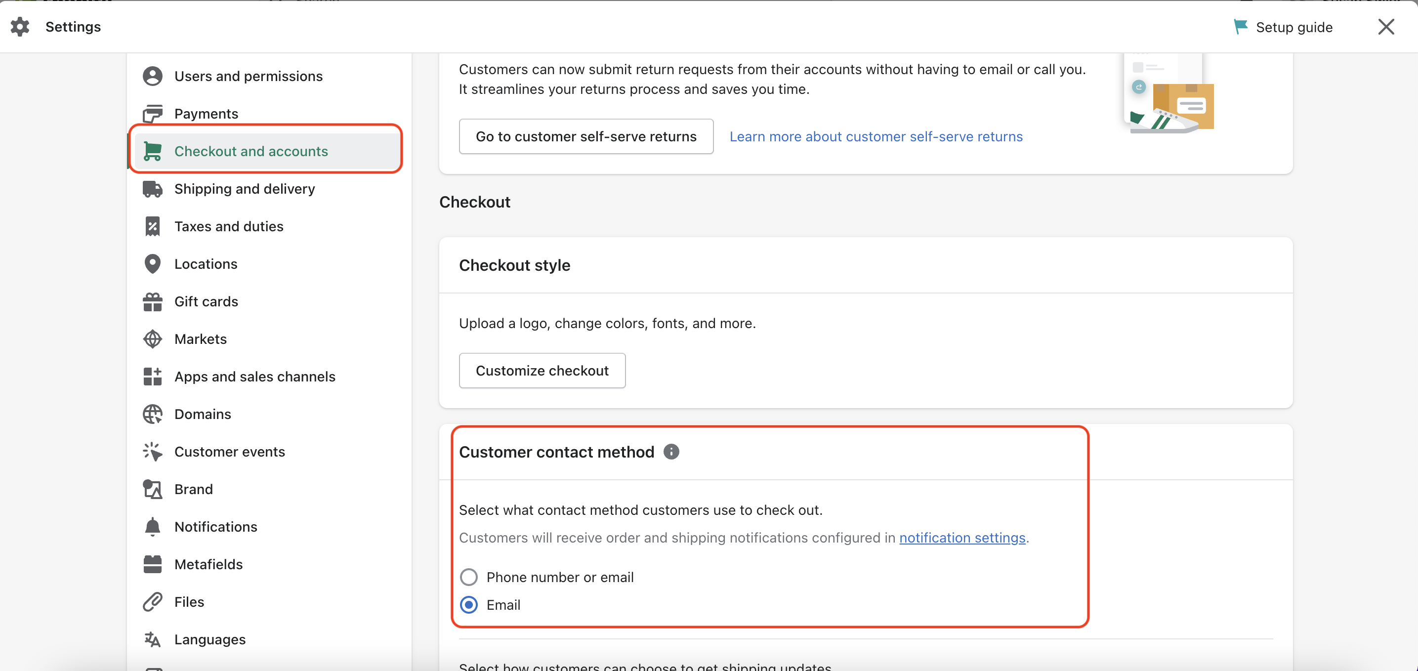 captura de pantalla de la página de configuración de Shopify