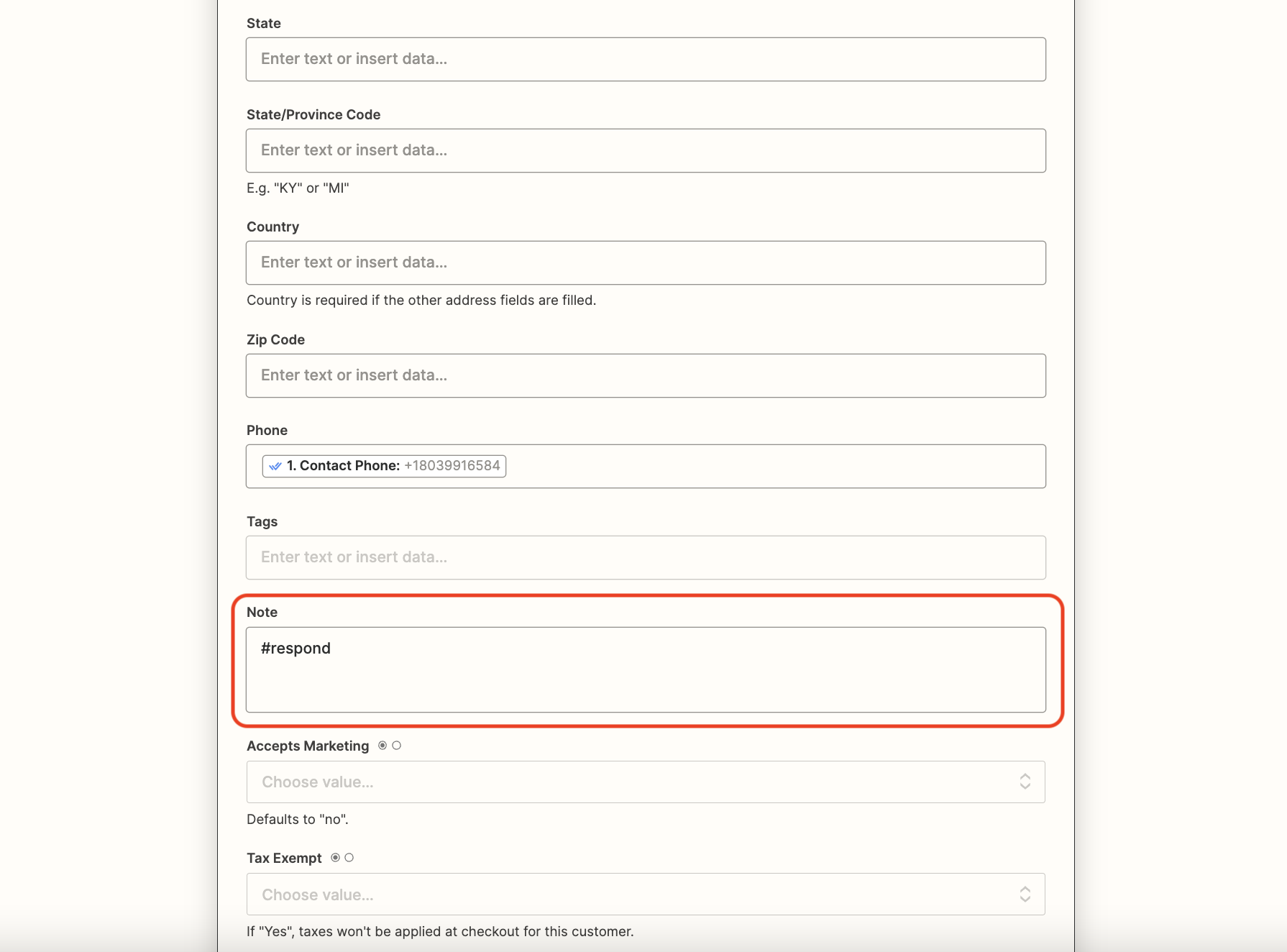 Screenshot of mapping Shopify customer fields