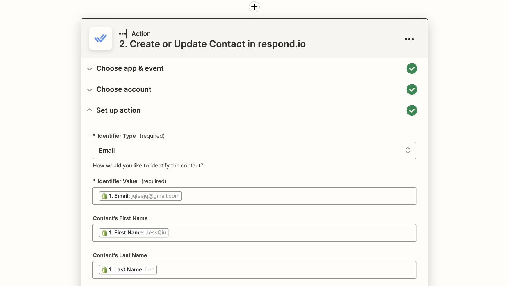 captura de pantalla de crear o actualizar contacto en acción de respuesta