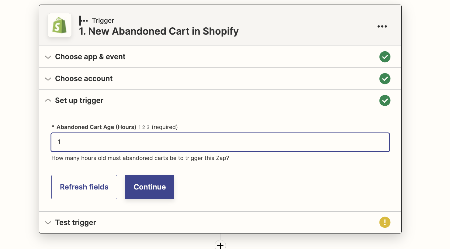 screenshot of Shopify abandoned cart trigger