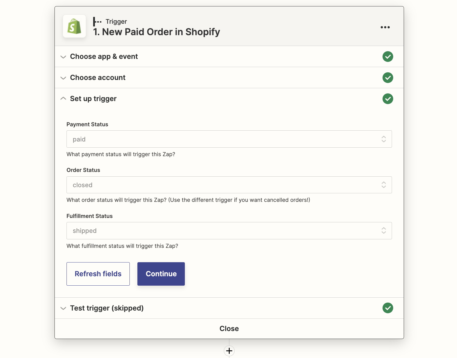 Shopify nueva configuración de activación de pedido