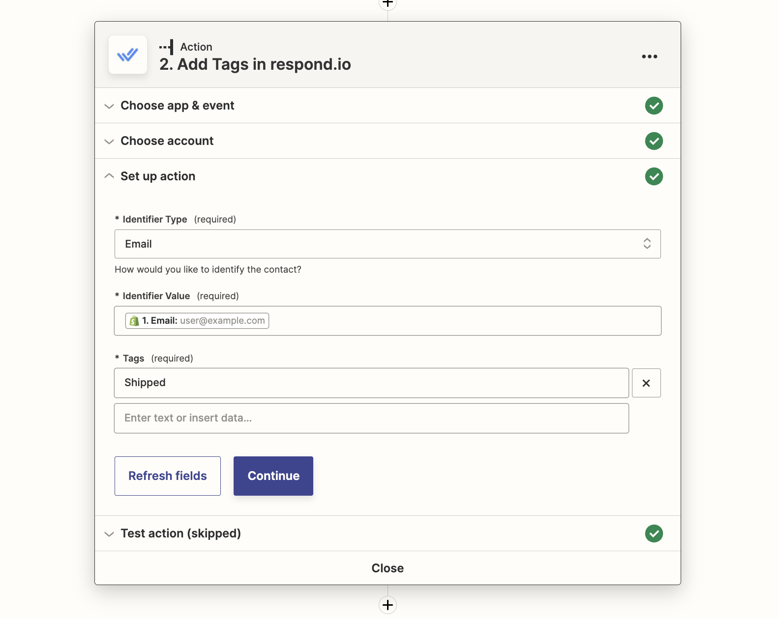 respond.io add tags Zapier action