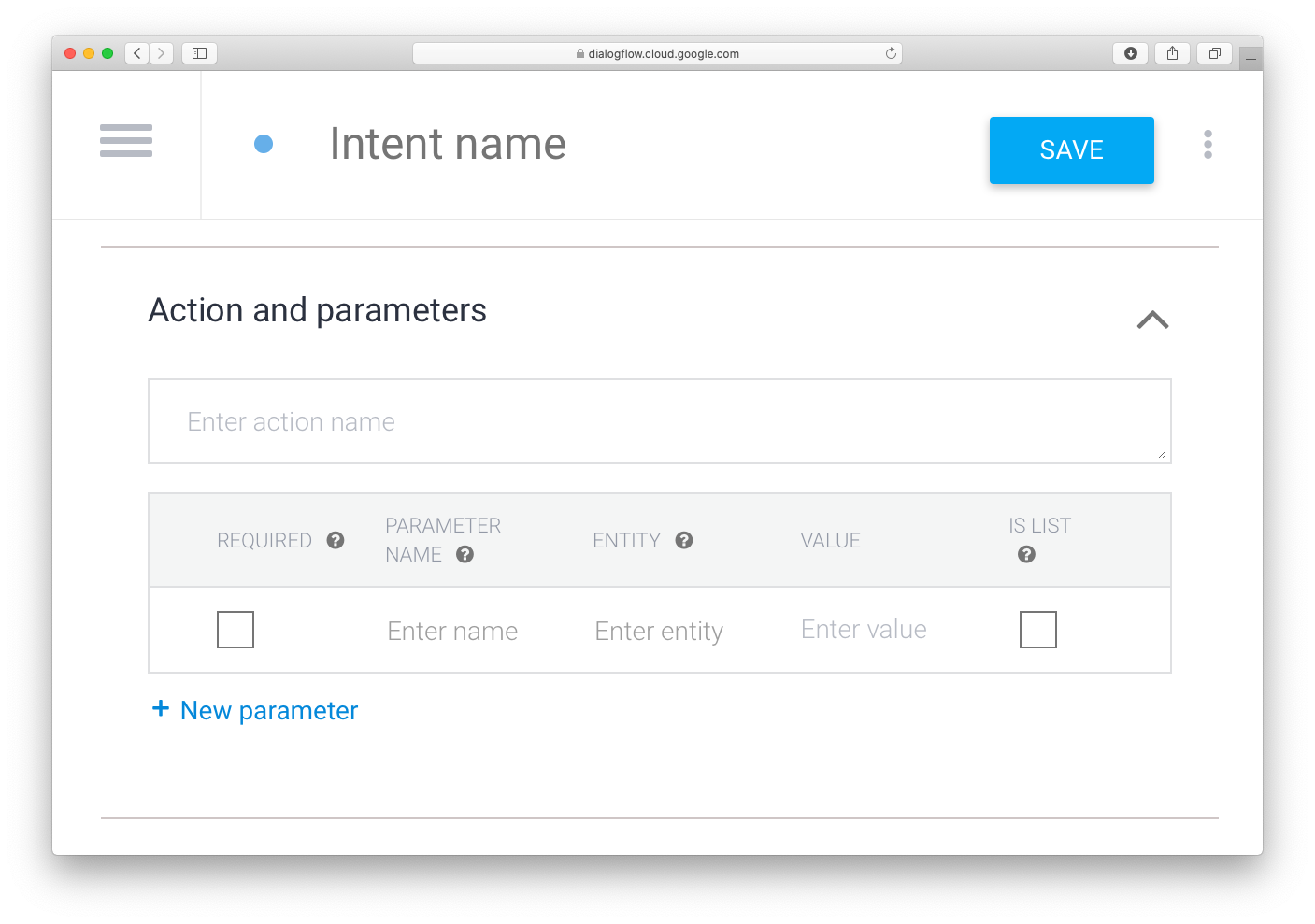 screenshot of dialogflow action and parameters page