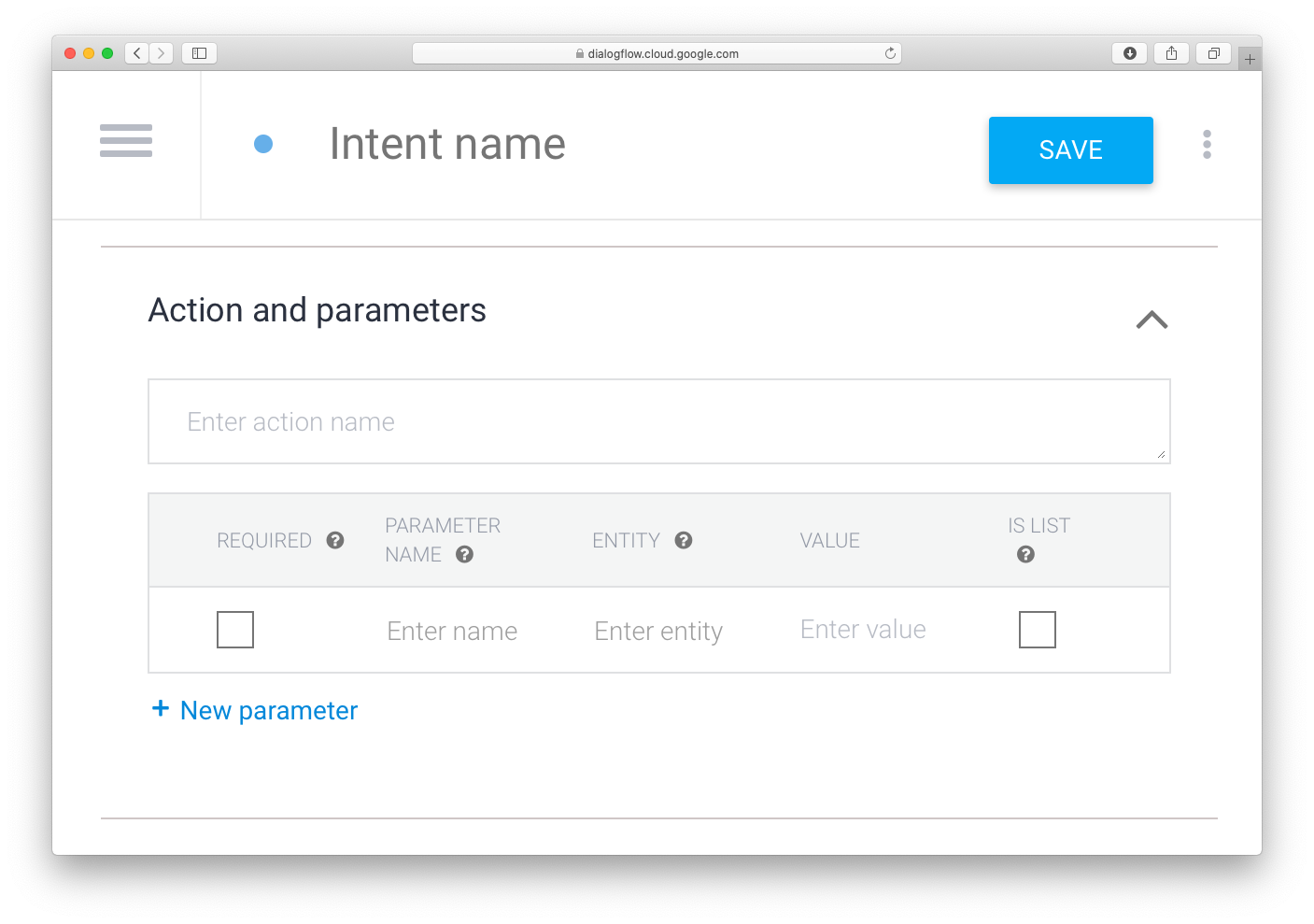 Captura de pantalla de la página de parámetros y acciones de Dialogflow