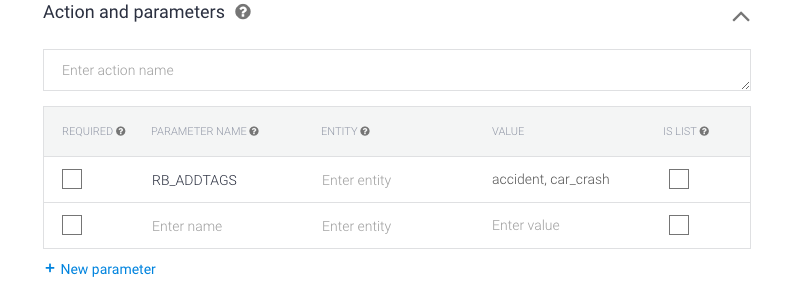 screenshot of adding dialogflow tag parameters