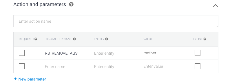 Captura de pantalla de la eliminación de etiquetas de Dialogflow