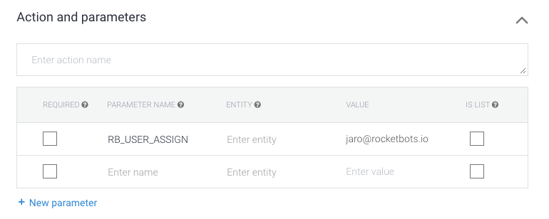 Captura de pantalla que muestra cómo usar los parámetros de Dialogflow para asignar un contacto a un usuario