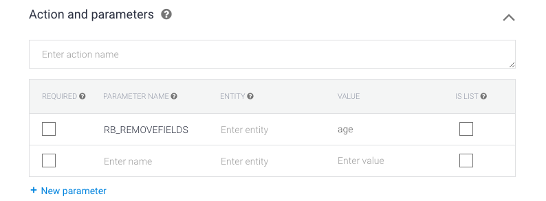 screenshot showing how to use dialogflow parameters to remove fields