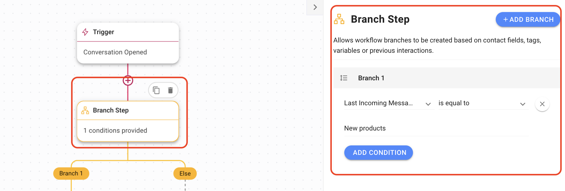 screenshot showing the branch step for last incoming message